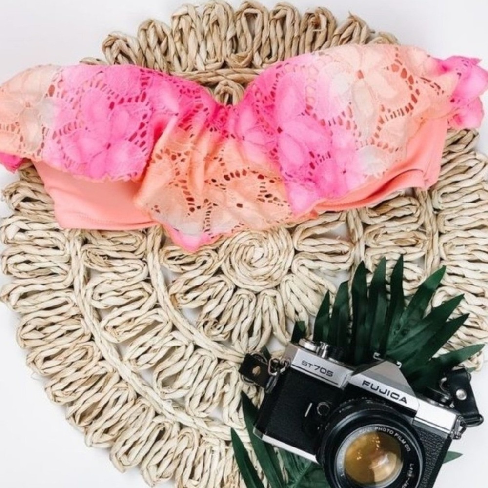 Victorias Secret Pink Orange Ombre Lace Ruffle Bandeau Bikini Top 34C